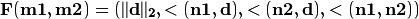 \bf{{F}}(\bf{{m1}}, \bf{{m2}}) = (||\bf{{d}}||_2, <(\bf{{n1}},\bf{{d}}), <(\bf{{n2}},\bf{{d}}), <(\bf{{n1}},\bf{{n2}}))